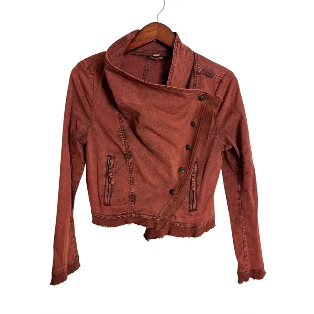 Free People Rust Orange Collapsing Twill Raw Hem Moto Jacket Boho Utility Small